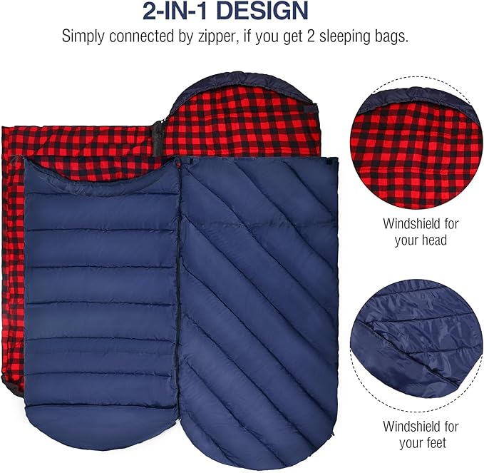 REDCAMP Flannel Sleeping Bag for Adults, Comfortable Cotton Envelope Sleeping Bags for Camping, Backpacking, Hiking, with Detachable Hood&Compression Sack, Blue/Red/Grey/Black