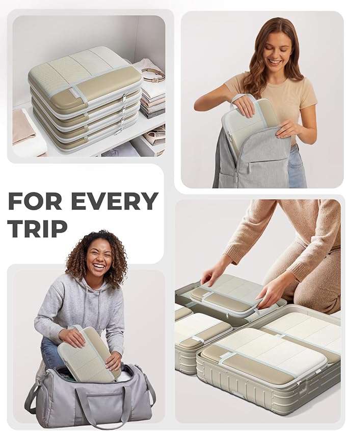 Percover Compression Packing Cubes for Travel, 10-Piece Structured Compression Organizer Set with Toiletry Bag, Laundry Bag & Shoe Bag for Carry-On & Checked Luggage, Camel