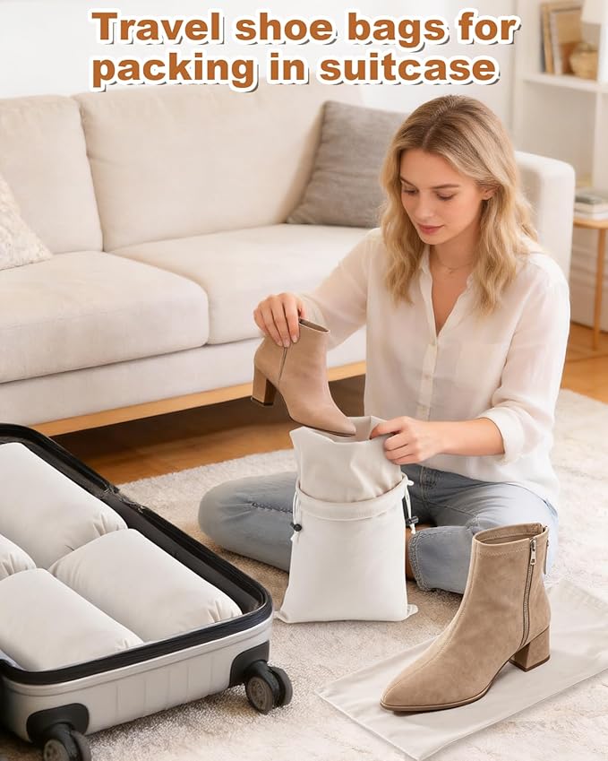 2 Pcs Single Shoe Bags for Travel, 17.3"x8.6" Washable Travel Shoe Bags for Packing in Suitcase, Velvet Dust Bag with Drawstring, Shoe Pouch for Women and Men, Travel and Home Storage (Beige)