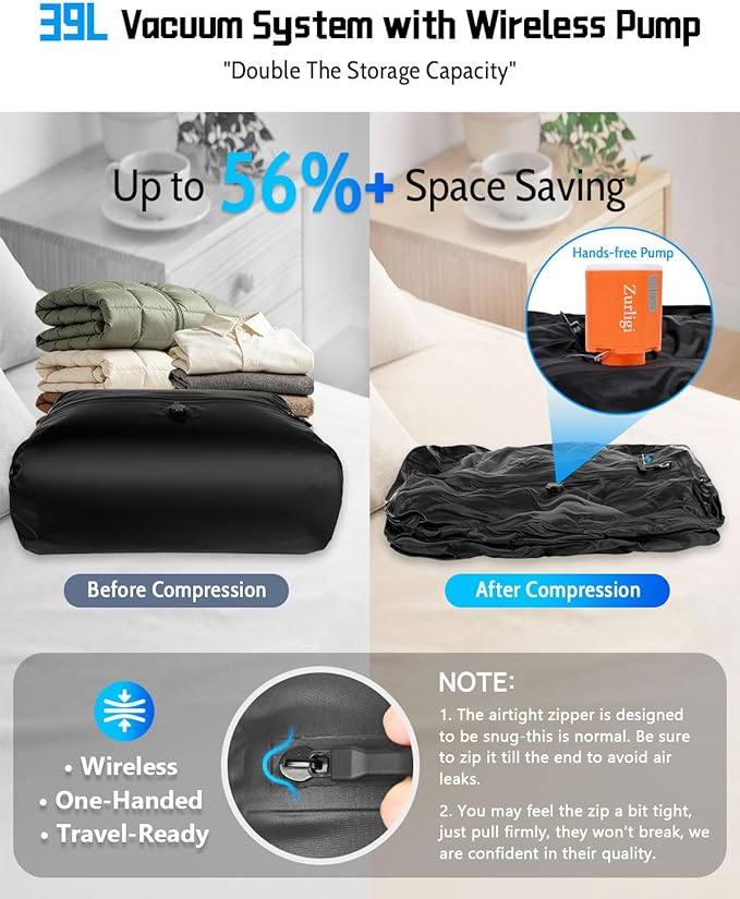 Zurligi Travel Vacuum Bag Kit with Wireless Pump, IPX8 Waterproof Durable, Airtight Heavy-Duty Zipper, Portable Reusable Compression Packing Cubes with Shoulder Strap for Travel, Moving, Home Storage
