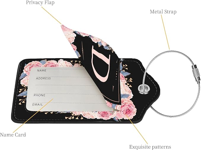 2 Pcs PU Leather Luggage Tag for Suitcases with Privacy Shield and Name ID Tag Address Card Travel Cruise Luggage Tag, Suitable for Men and Women Baggage Handbag Backpack,Flower and Monogram(Letter D - Image 2