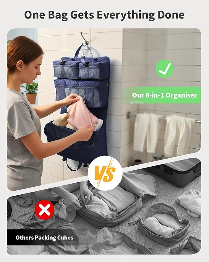 ECOHUB 8-in-1 Hanging Packing Cubes, Foldable Travel Storage Bag, Travel Organizer Expandable Packing Cube for Suitcase or Luggage (Blue)