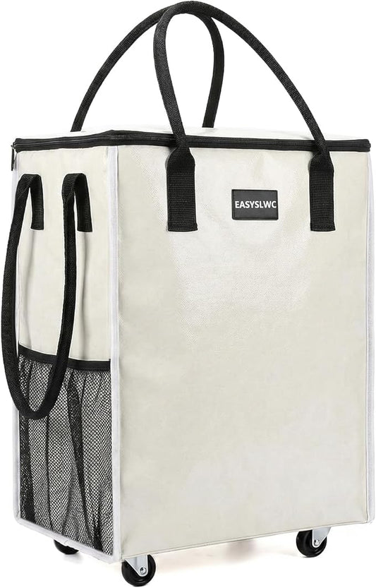 Reusable Hauler Rolling Tote Bag, Collapsible Portable Shopping Cart with Wheels for Groceries, Apartments Laundry, Organization, Heavy Duty Utility Tote, Travel and Moving, 75lbs, Beige