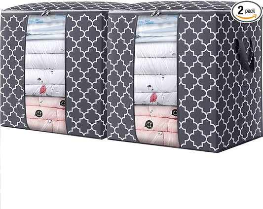 WISELIFE Storage Bags 2 Pack/100L Large Blanket Clothes Organization and Storage Containers for Comforters,Bedding, Foldable Organizer with Reinforced Handle, Clear Window, Sturdy Zippers,Gray