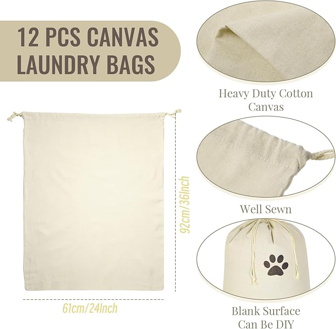 Remagr 12 Pcs 24" x 36" Canvas Laundry Bags Bulk Large Cotton Laundry with Drawstring Heavy Duty Hamper Liner Washable Dirty Clothes Santa Bag for Travel Household