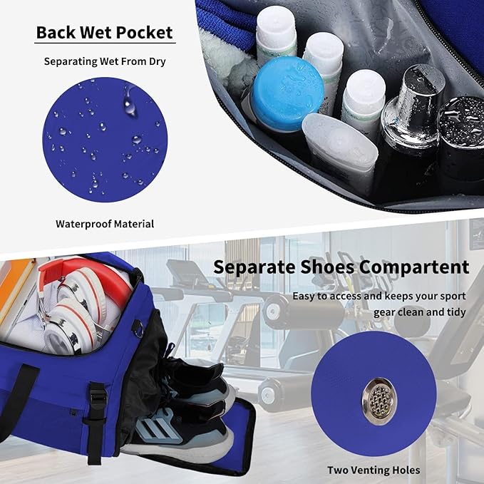 Extra Large Sports Gym Bag, Travel Duffel bag with Wet Pocket & Shoes Compartment for men women, 85L, Lightweight （Blue）
