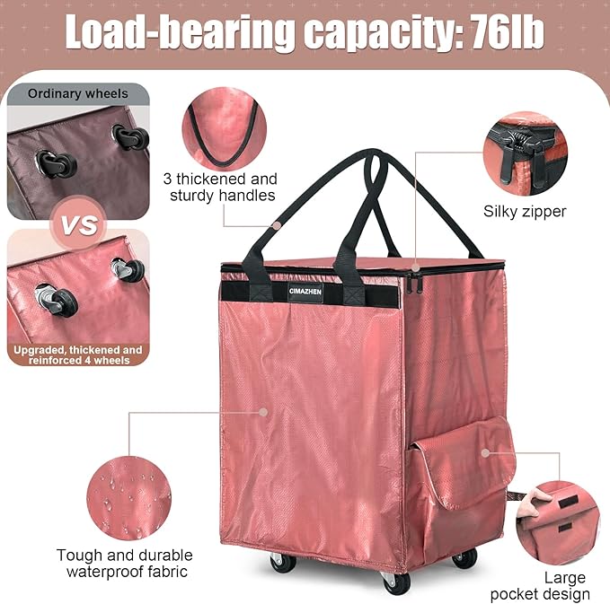 (Medium,Pink) Reusable Grocery Bag on 4 Wheels, Foldable Rolling Tote Bag with 3 Handles and Zipper, Storage Organizer for Groceries, Rolling Shopping Cart for Travel, 76lb
