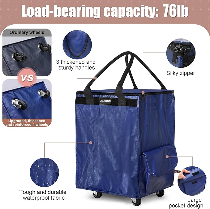 (Medium,Blue) Reusable Grocery Bag on 4 Wheels, Foldable Rolling Tote Bag with 3 Handles and Zipper, Storage Organizer for Groceries, Rolling Shopping Cart for Travel, 76lb