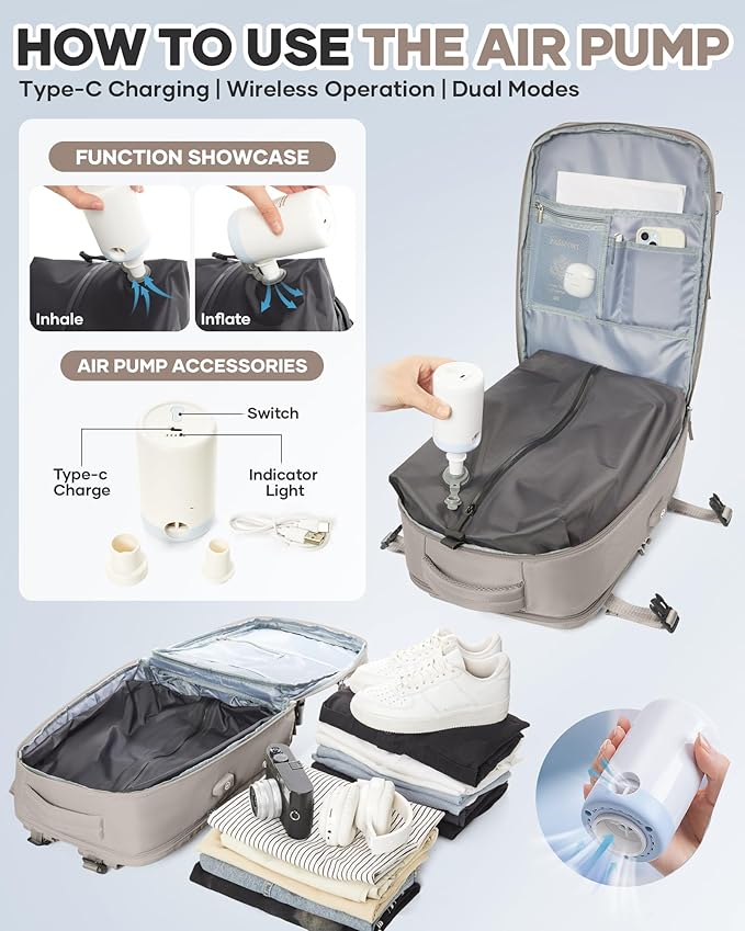 WONHOX Vacuum Seal Travel Backpack with Air Pump,Compression Vacpack Waterproof Carry On Backpack for Travel Women Men with Vacuum System,Airlines Approved Daypack Laptop Space Saver Bags,GreyBrown