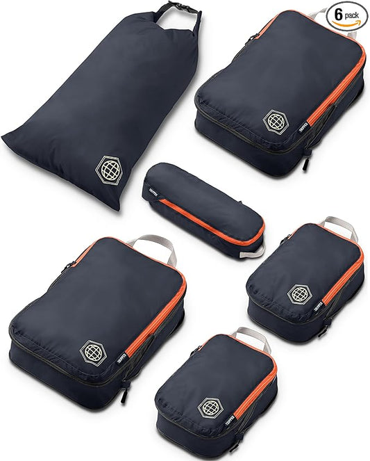 Compression Packing Cubes for Travel, 6-Piece Lightweight Packing Cubes Set for Carry-On Luggage & Backpacks – TRIPPED Travel Gear (Grey and Orange)