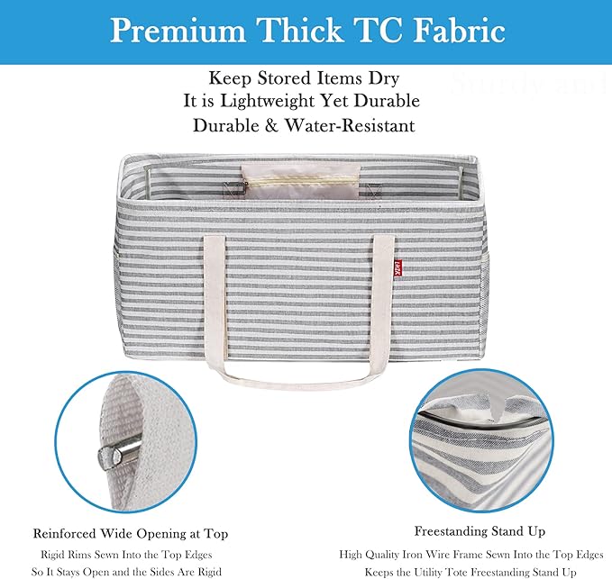 LHZK 2 Pack Extra Large Utility Tote Bag with Metal Wire Frame and the Sides Rinforced, Extra Large Tote Bag with Handle for Pool Beach Laundry Storage (Gray)