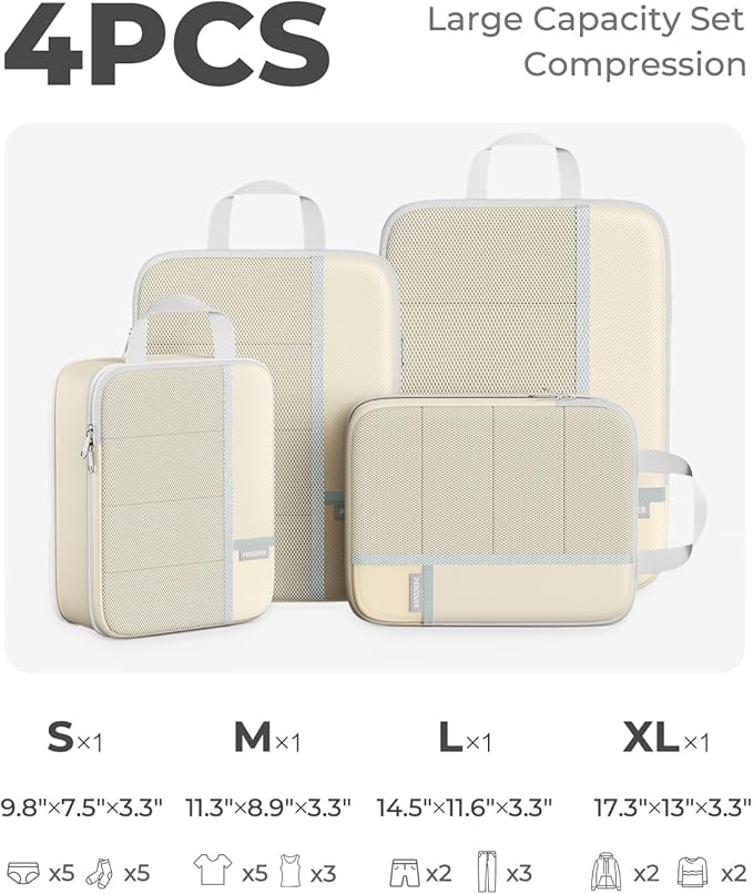 Percover Compression Packing Cubes for Travel, 4-Piece Structured Compression Organizer Set with Label Pockets for Carry-On & Checked Luggage, Beige