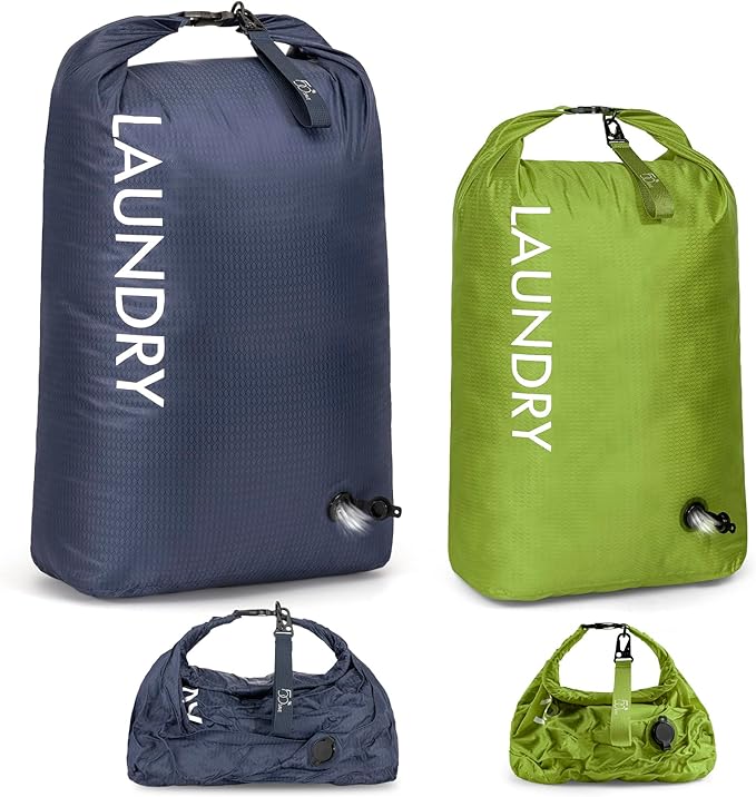 WiseBoy Travel Laundry Bag 2 Pack, Compression Laundry Bag for Dirty Clothes, Waterproof Wet Dry Bag, Pump-Free Space Saving Organizer for Suitcase Packing, Gym, Swim, Camping (Navy Blue & Green)