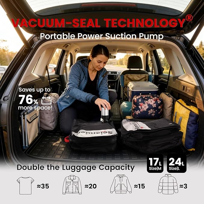 Vacuum Travel Bags with Pump for Car Camping & Backpacking - 6.0kPa Wireless Pump, Odor/Waterproof Anti-Rip Nylon Organizer & Space Saver (24L*1, 17L*1, 2-Pack)