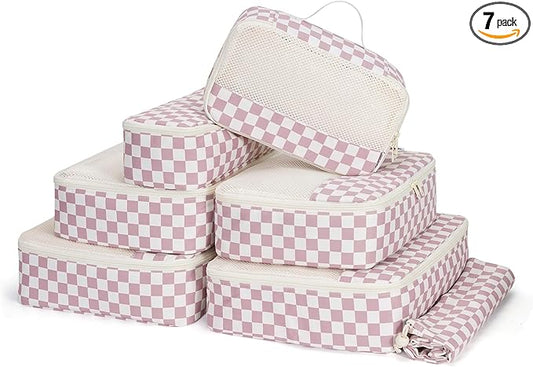 Narwey 7 Set Checkered Packing Cubes for Travel Carry on Suitcase Luggage Organizer Bags for Kids Women Men, Durable Packing Organizers Bag, Travel Essentials Accessories (Dusty Pink Checkerboard)