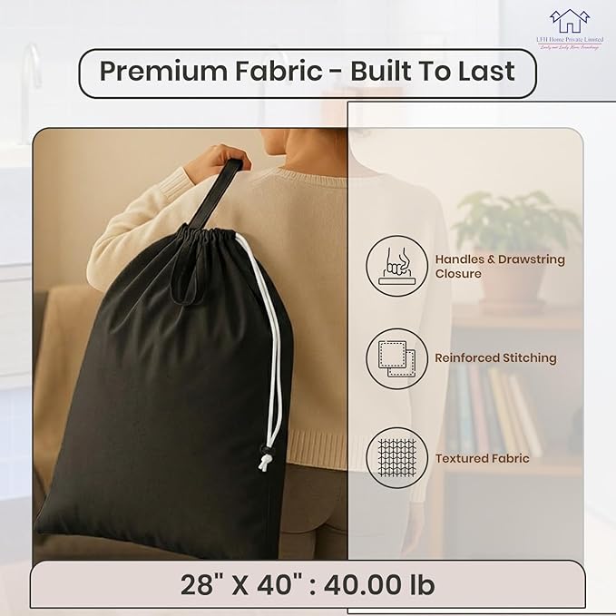 LFH Home Large Premium 1pack Cotton Canvas Laundry Bag with Drawstring and Handles Heavy Duty, Multi-Use, and Washable for Home, Travel, College or Storage 28x40-Black