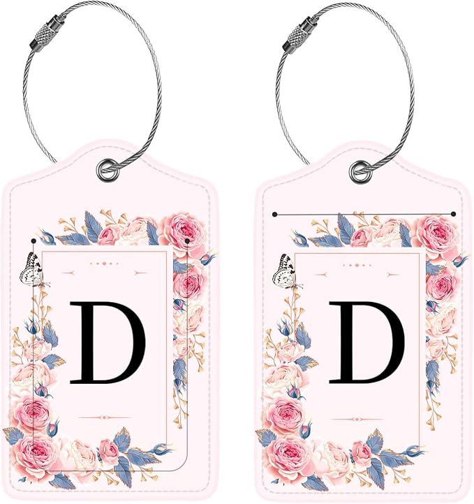 2 Pcs PU Leather Luggage Tag for Suitcases with Privacy Shield and Name ID Tag Address Card Travel Cruise Luggage Tag, Suitable for Men and Women Baggage Handbag Backpack,Flower and Monogram(Letter D - Image 4