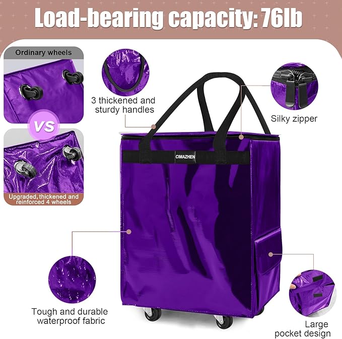 (Medium,Purple) Reusable Grocery Bag on 4 Wheels, Foldable Rolling Tote Bag with 3 Handles and Zipper, Storage Organizer for Groceries, Rolling Shopping Cart for Travel, 76lb