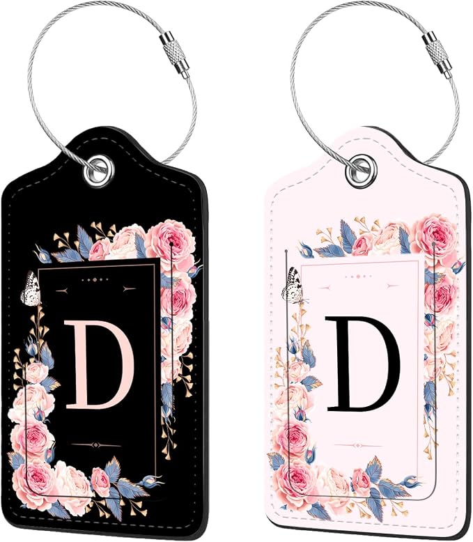 2 Pcs PU Leather Luggage Tag for Suitcases with Privacy Shield and Name ID Tag Address Card Travel Cruise Luggage Tag, Suitable for Men and Women Baggage Handbag Backpack,Flower and Monogram(Letter D by Anikathy