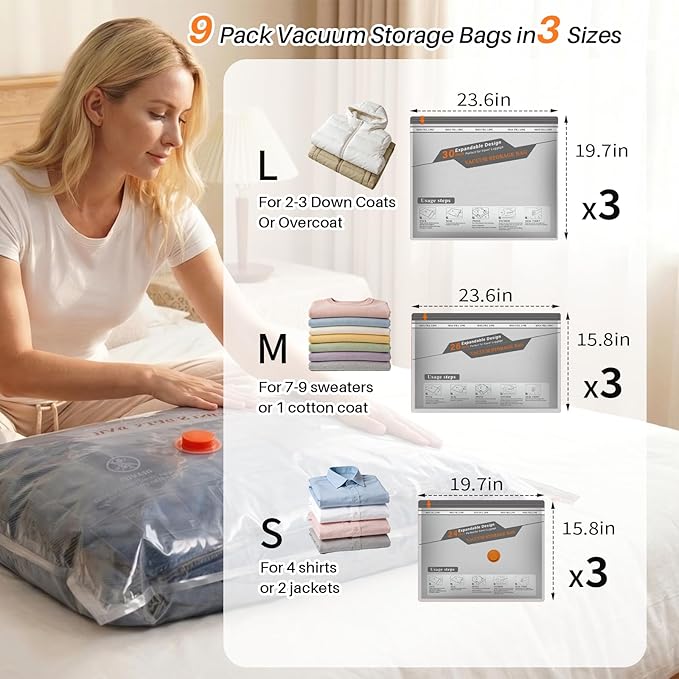 Vacuum Seal Bags for Clothing Travel, Rechargeable Wireless Pump, Portable Space Saver Bags for Clothing Travel in 3 Combo sizes, Compression Packing for Luggage, Seasonal Storage 9 Combo Set