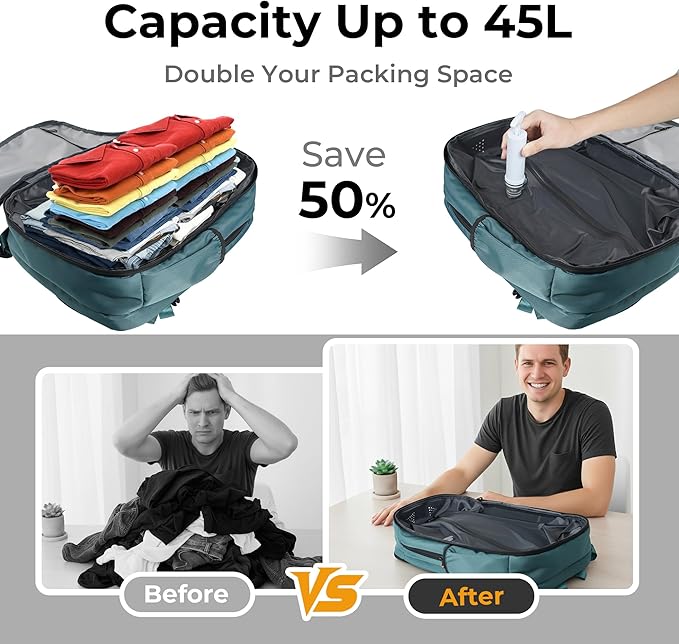 Vacuum Compression Backpack, Carry on Sealed Travel Backpack with Vacuum System and Pump, Mothers Day, Birthday Gifts for Traveler Expands to 40L Packing Capacity, Fits 17” Laptop &2–5 Days of Clothes