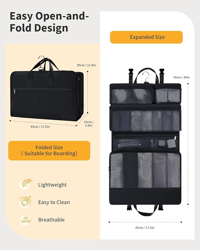 ECOHUB 8-in-1 Hanging Packing Cubes, Foldable Travel Storage Bag, Travel Organizer Expandable Packing Cube for Suitcase or Luggage (Black)