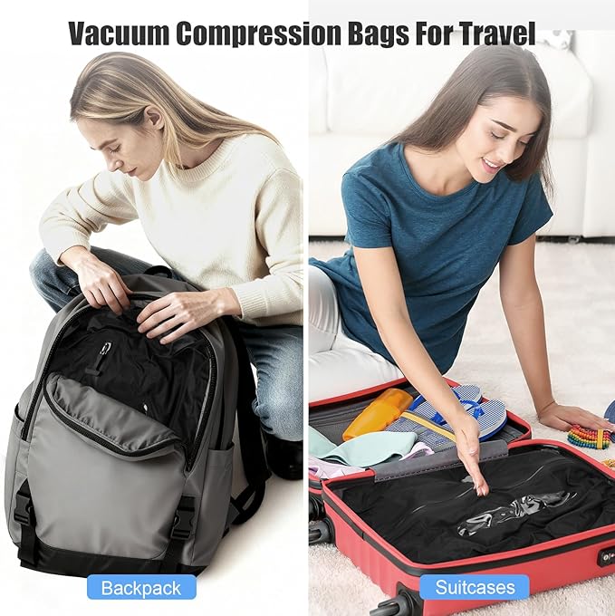 4PCS Vacuum Bags for Travel with Pump, 21L Reusable Compression Bags with IP68 Waterproof Zipper, Space Saving Airless Travel Bags for Family Luggage & Home Storage, Black
