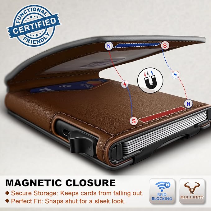 BULLIANT Men Slim Magnetic Leather Wallet Metal Case Money Clip 9 Cards - Image 3