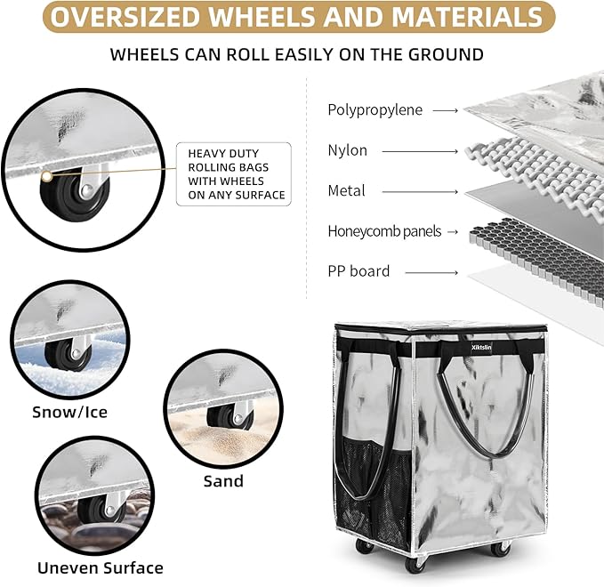 (Large,Silver) Reusable Grocery Bag on 5 Wheels, Foldable Rolling Tote Carries Up to 76lb Shopping Trolley, Rolling Bag with 3 Handles, Zipper Clouser Rolling Tote Bag with Wheels for Laundry