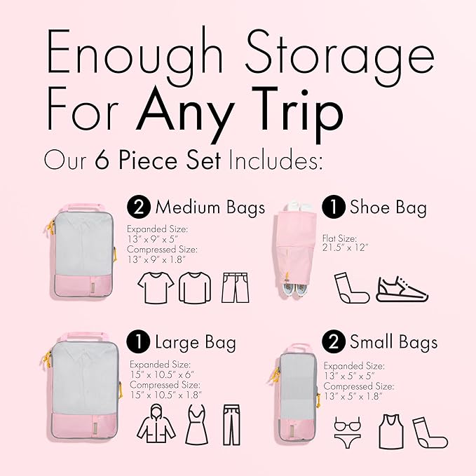 (Not Made In China) 6pc Compression Packing Cubes For Travel, Suitcase and Luggage Space Saver Organizer Bags, Lightweight, Waterproof, Durable, Pink