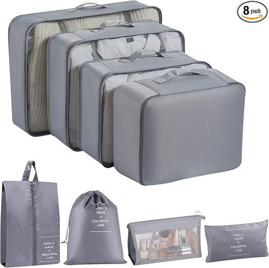 8 Set Packing Cubes for Suitcases, INVODA Travel Luggage Packing Organizers with Laundry Bag, Compression Storage Shoe Bag, Clothing Underwear Bag (Grey)
