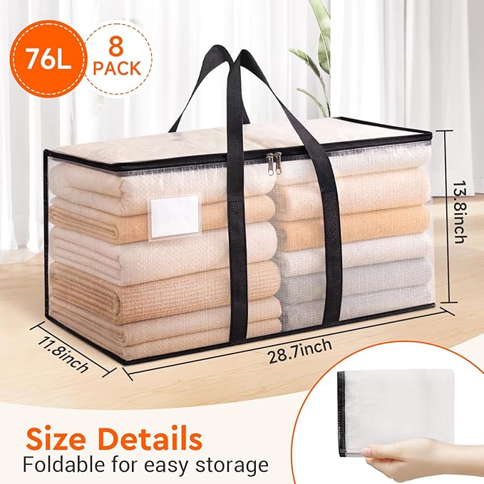 BlissTotes Clear Moving Bags Heavy Duty,76L Extra Large Storage Bags with Zipper & Reinforced Handles, Waterproof PP Moving Totes for Clothes, Bedding, Comforters, Space Saving Storage (8 Pack)