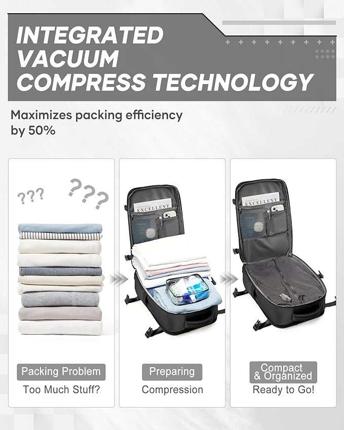 suwasp Vacuum Compression Backpack, 45L Expandable Travel Backpack with Electric Vacpack Pump, Travel Vacuum Bags with 17inch Laptop Compartment/Wet/Dry Compartment/Waterproof Pocket, Black