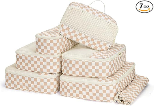 Narwey 7 Set Checkered Packing Cubes for Travel Carry on Suitcase Luggage Organizer Bags for Kids Women Men, Durable Packing Organizers Bag, Travel Essentials Accessories (Light Checkerboard)
