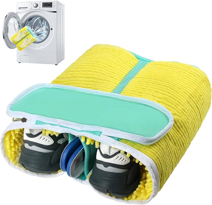 Upgraded Dual Compartment Shoe Washing Machine Bag, 420g Heavy-Duty Sneaker Laundry Bag with Clasp-Lock Zipper, Thick Chenille & Reinforced Seams for Maximum Protection, Yellow/Blue, 1-Piece