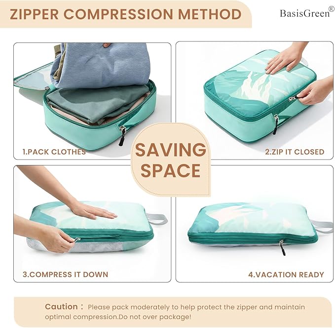 7-Piece Compression Packing Cubes for Travel, Patterned Expandable Luggage Organizer Bags with Double Zipper & Mesh Panel, Shoe Bag & Drawstring Bag for Carry-On, Vacation, Camping