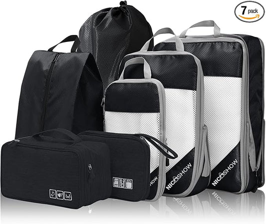 NICOSHOW 7 Set Compression Packing Cubes for Travel - Compressible, Lightweight, and Space-Saving Packing Cubes, Travel Essentials for Women, Black