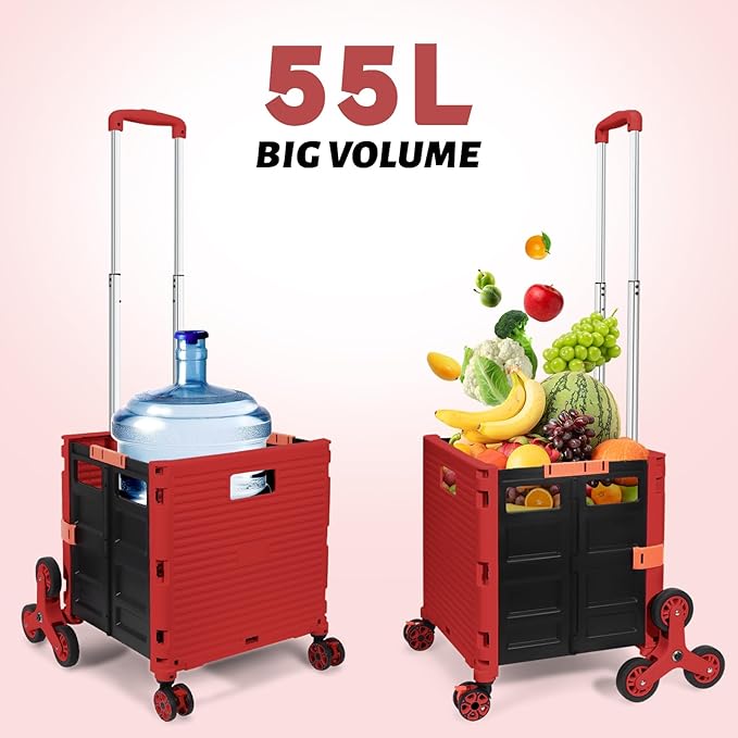 FELICON SELORSS Folding Utility Cart Portable Rolling Crate Handcart with Stair Climbing Wheels&360°Swivel Wheels Telescoping Handle Plastic Box Dolly for Travel Shop Move Office Teacher Use(Red)