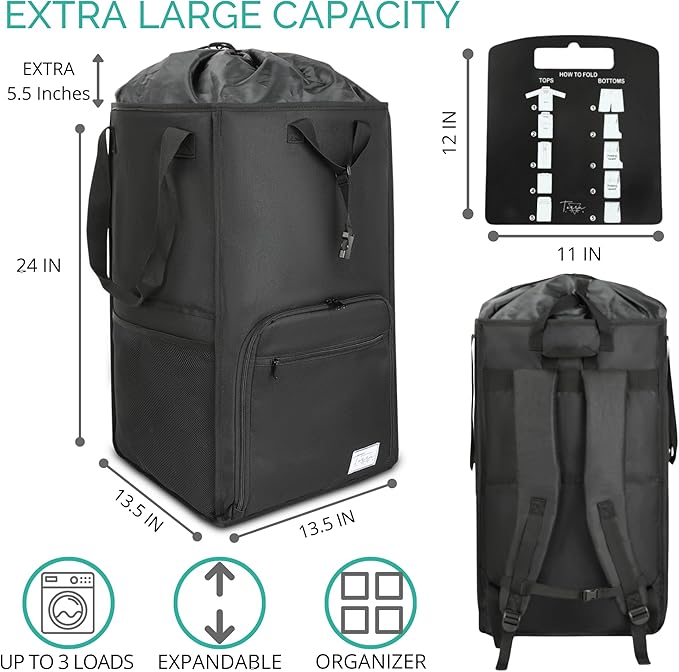 Terra Home College Essentials Travel Size Laundry Backpack - Portable, Durable, Foldable - Laundry Bag with Pockets for College Dorms - Extra Large Laundry Carrying Bag with Strap (Black)
