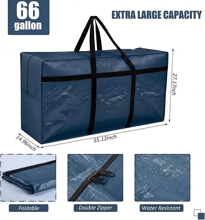 4 Pcs 66 Gallon Extra Large Moving Bags Heavy Duty Storage Bag with Strong Zipper Handle Foldable XXL Jumbo Storage Tote Packing Moving Box for College Dorm Travel Cloth Duffle (Ocean)