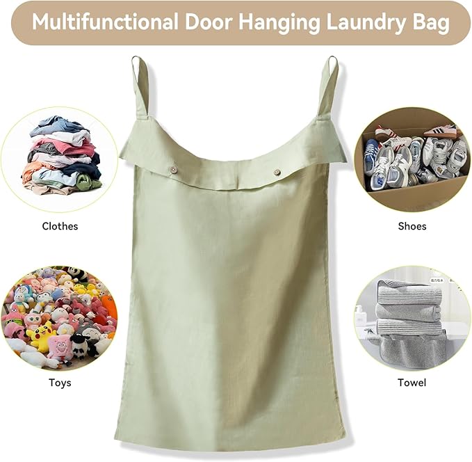100% Linen Hanging Laundry Hamper Bag 20x27 Inch, Over the Door with 2 Buttons and Bottom Zipper Saving Space Wall Back organizers For Dirty Clothes Dorm Travel College Camp Sock Large Capacity,Green