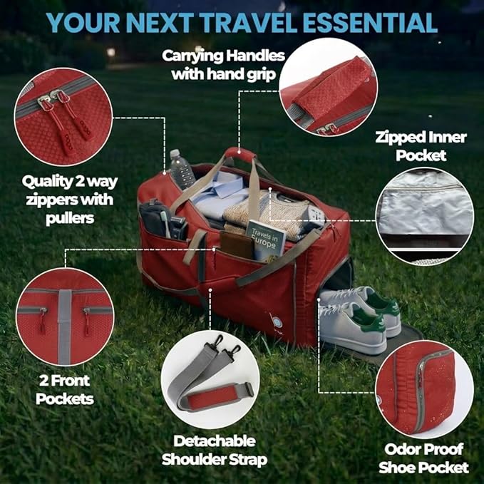 Bago Large Duffle Bag for Travel Women & Men. Durable Lightweight Foldable Travel Duffel Bags For Traveling Women. 80L Duffle Bags For Overnight Bag With Shoe Compartment Collapsible Weekender duffel