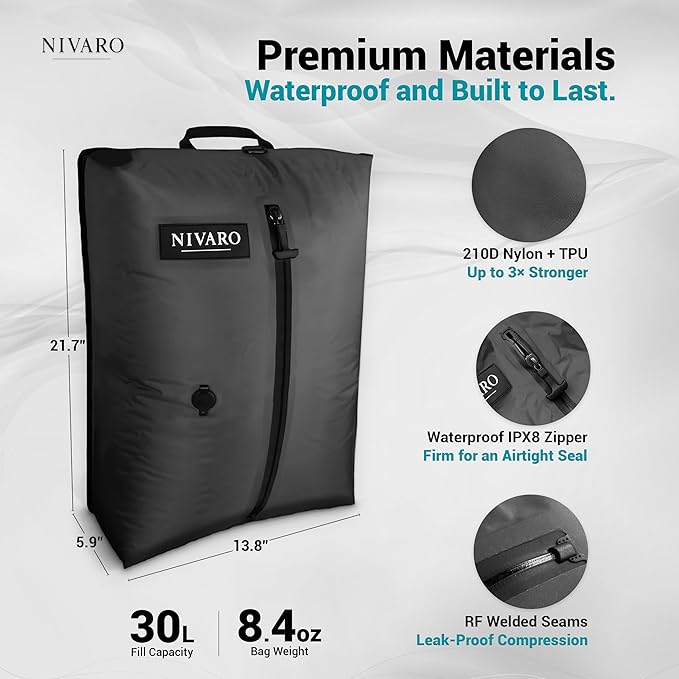 Travel Vacuum Compression Bags | Large 30L 2-Pack | Waterproof & Reusable | Space Saver Bags for Luggage | Wireless Pump Included