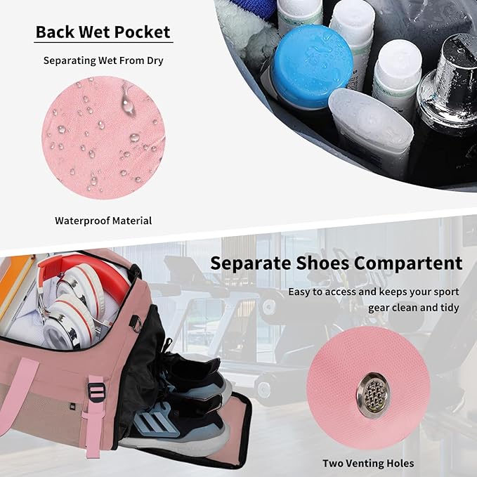 Large Sports Gym Bag, Travel Duffel bag with Wet Pocket & Shoes Compartment for men women, 65L, Lightweight（Pink）