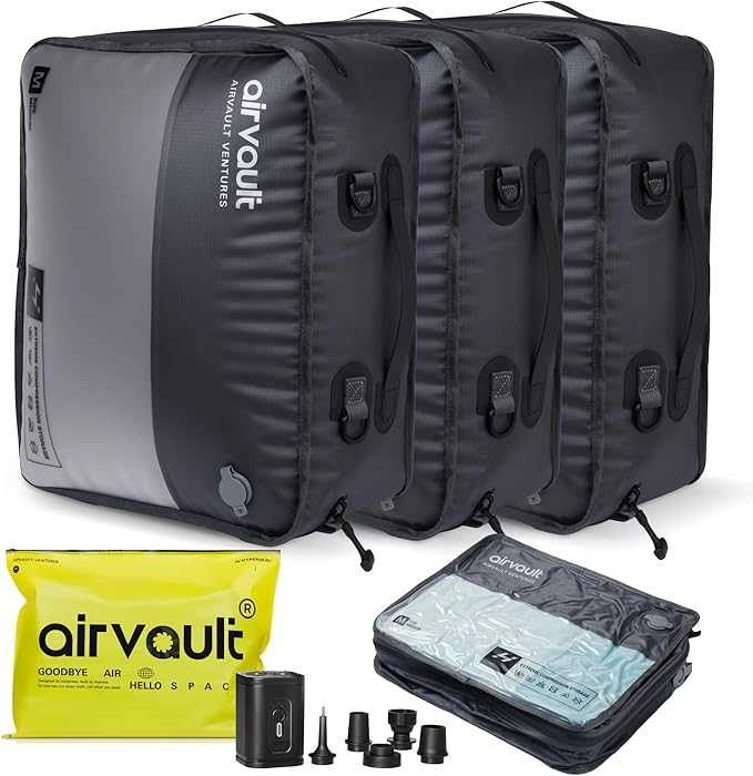 AirVault Reusable Vacuum Compression Travel Bag for Carry-On Suitcase and Backpack, Recycled IP67 Waterproof Space Saver Vacpack (21L Gray (3-Pack) (Air Pump Included)