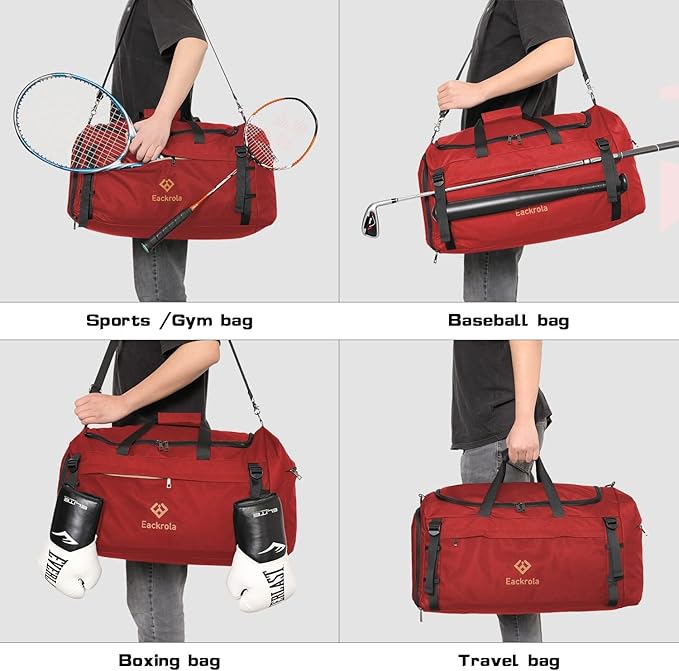 Extra Large Sports Gym Bag, Travel Duffel bag with Wet Pocket & Shoes Compartment for men women, 85L, Lightweight （Red）