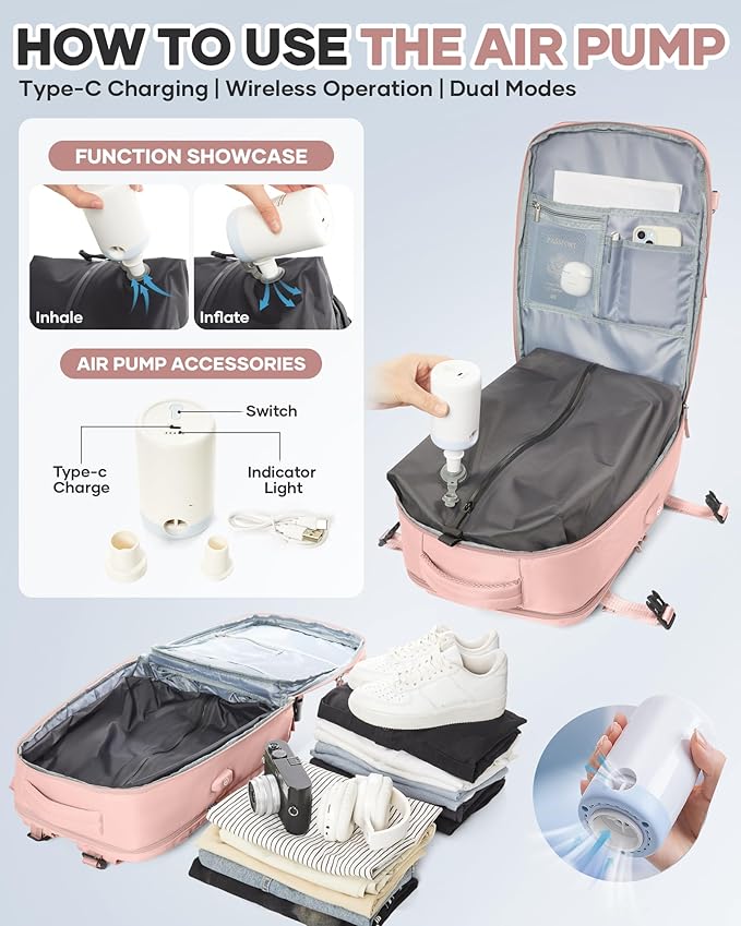 Vacuum Seal Travel Backpack with Air Pump,Compression Vacpack Waterproof Carry On Backpack for Travel Women Men with Vacuum System,Airlines Approved Daypack Laptop Space Saver Bags,Pink
