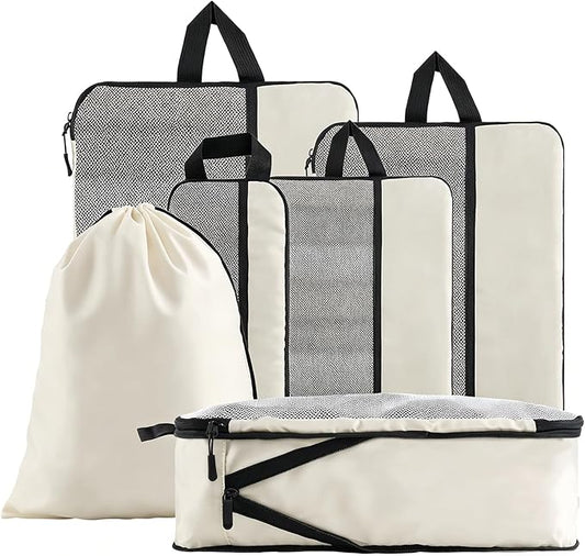 U+U 6 Set Compression Packing Cubes - Ultralight Cream Travel Organizers with Laundry Bag, Space-Saving Suitcase Organizer, Expandable Packing Cubes for Travel and Family Vacation (Cream)