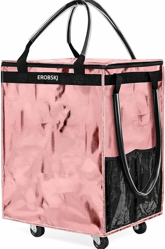 (Medium,Rose Gold) Reusable Grocery Bag on Wheels, 70L Foldable Rolling Tote, Carries Up to 66 lbs Shopping Trolley, Zipper Clouser Shopping Carts for Trips, Laundry, 4 Heavy Duty Wheels and 3 Handles