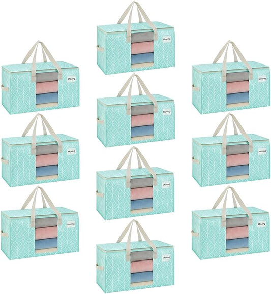 VENO 10 Pack Heavy Duty Moving Bags, Clothes and Comforter Storage Bags with Clear Window, College Dorm Essentials Packing Supplies, Foldable Boxes Alternative (Evergreen, 10 Pack)